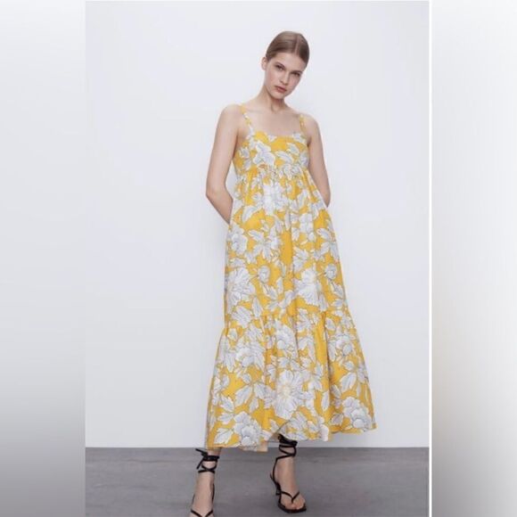 Zara Blogger Favourite Yellow Printed Poplin Midi Dress - Picture 1 of 13